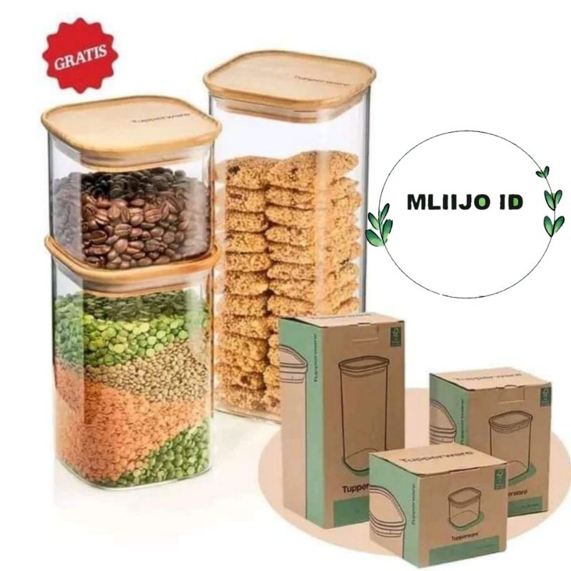 Bamboo Glass Jar Tupperware isi 3