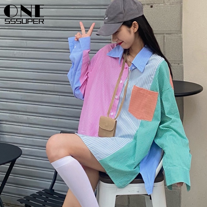 Kemeja Wanita Macaron Warna Kontras Jahitan Shirt Kotak-Kotak  Jaket Lengan Panjang Retro Korea  Ata