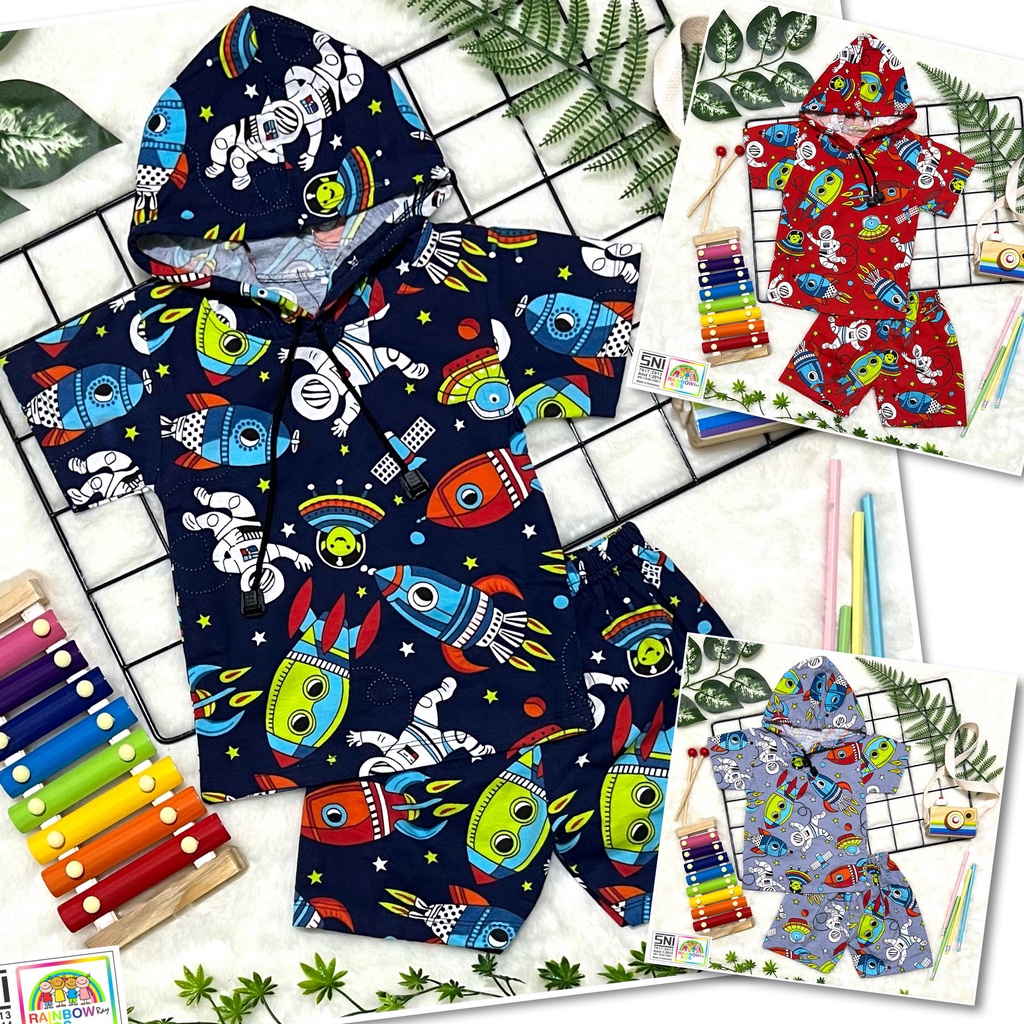 SETELAN / SET BAJU ANAK COWOK HOODIE TOPI 1-9 TAHUN PRINTING ASTRONOT