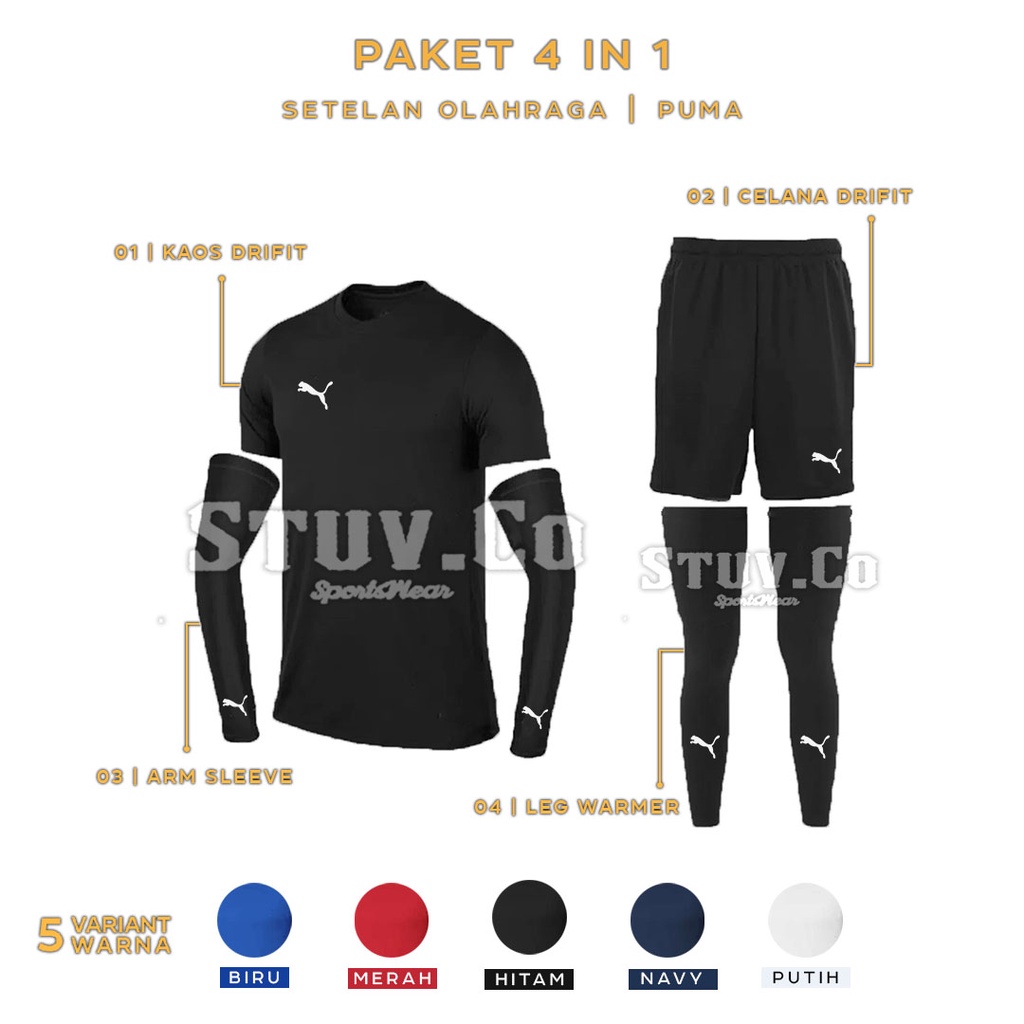 PAKET STELAN 4IN1 KAOS OLAHRAGA DRIFIT ARMSLEEVE CELANA PENDEK DAN LEG WARMER UNISEX 5 PILIHAN WARNA