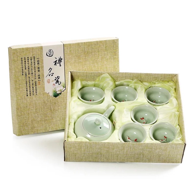 7 pcs Fish Tea Set Teko Teh Keramik 1 teko+ 6 cangkir Teko Teh Keramik Ikan Koi