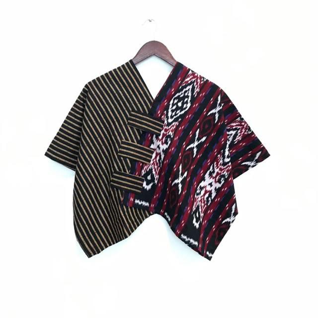 Blus Croptop Cropping Lurik Kombinasi Motif Tenun Baju Batik Kantoran Wanita Casual Formal Katun Warna-#2 (Maroon)