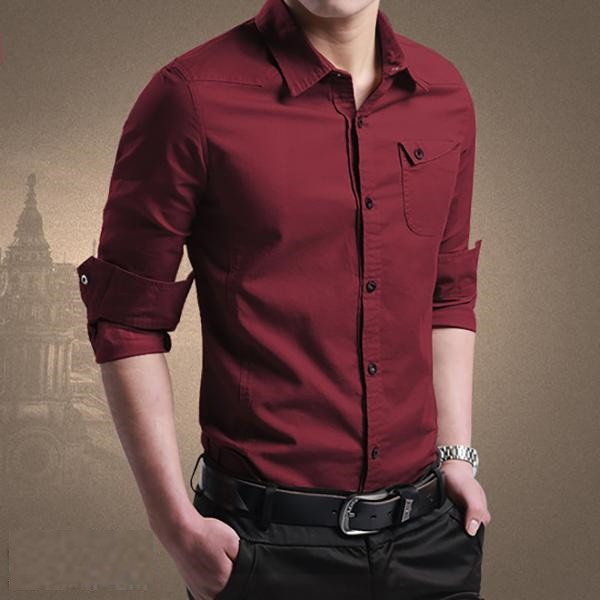 Miller Kemeja  Pria  Polos Panjang  Slim Fit Maroon Merah 