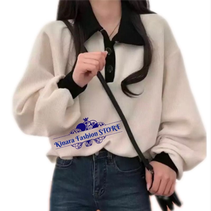 Sweater Wanita Korea COLAR GIRL Polos Oblong Outfit terbaru bahan Fleece