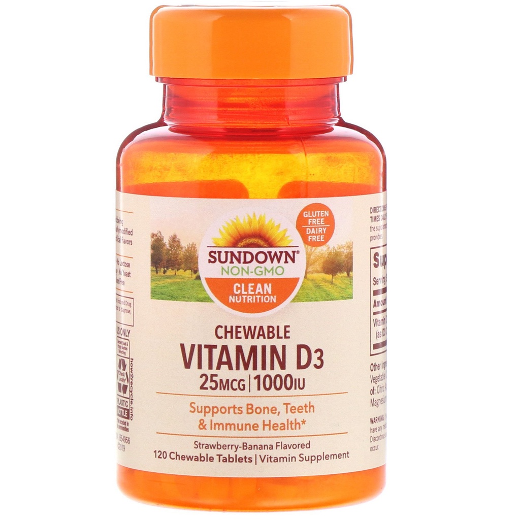 Sundown Naturals Vitamin D3 1000IU, sundown Strawberry Banana, 120 Chewable Tabs, sundown
