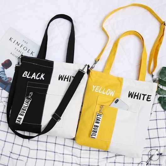 Tas Tote Bag Wanita TWO TONE Resleting Bahan Kanvas Ukuran 40 X 30 CM