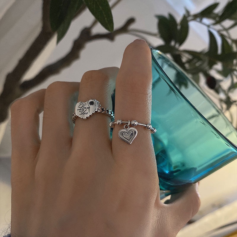 Set Perhiasan Cincin Silver Retro Desain Hati Tulisan Love You Untuk Wanita