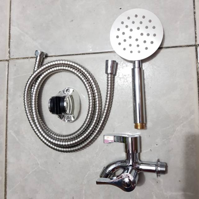 Paket shower mandi stainless bulat + kran cabang