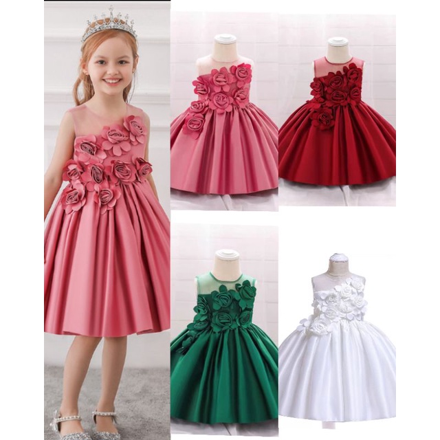 dress pesta mewah bahan satin import anak cewek balita model princess - dress princess motif bunga a