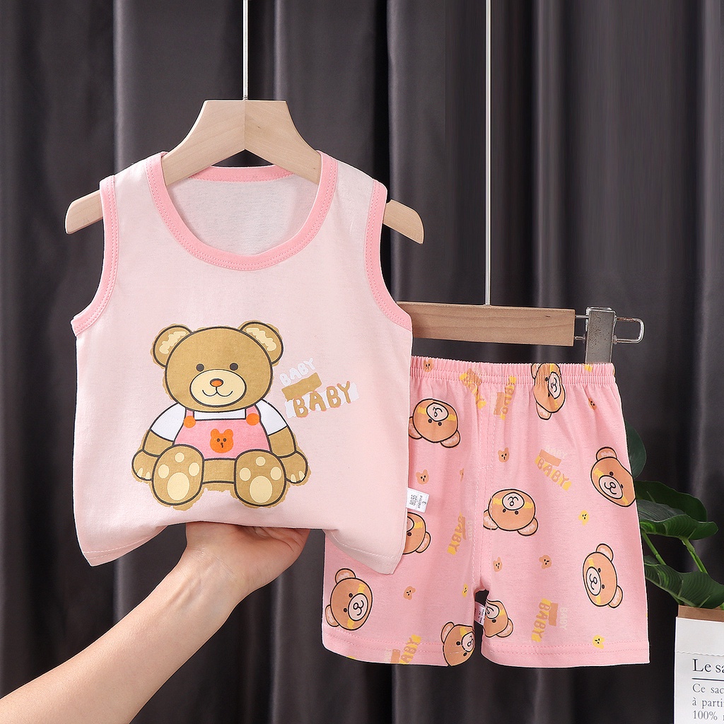 Setelan Kaos Singlet Anak Laki Laki Perempuan Katun Import Model Terbaru umur 1 2 tahun 9 12 24 bulan Pakaian Rumah Santai Harian Jalan Fashion Motif  Karakter Hewan Kartun Lucu Imut Cantik Kekinian