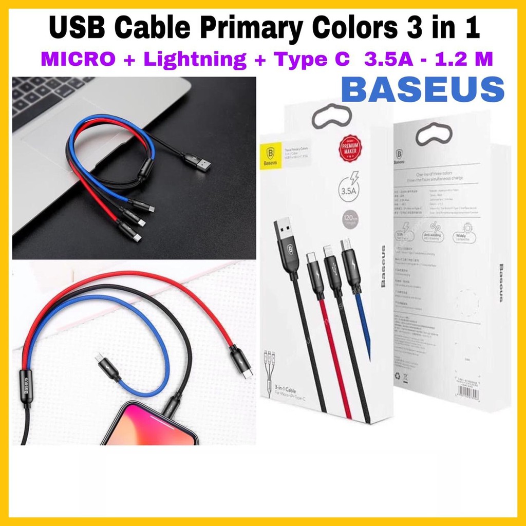 Usb Cable Primary Baseus Colors 3 in 1 Micro - Lightning - Type C