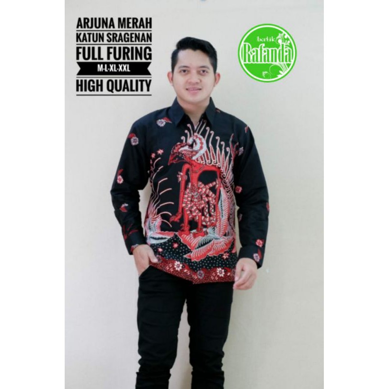 KEMEJA BATIK SOLO WAYANG ARJUNA TURNO SOGAN IRENG LAWASAN DAN MERAH BATIK PRIA
