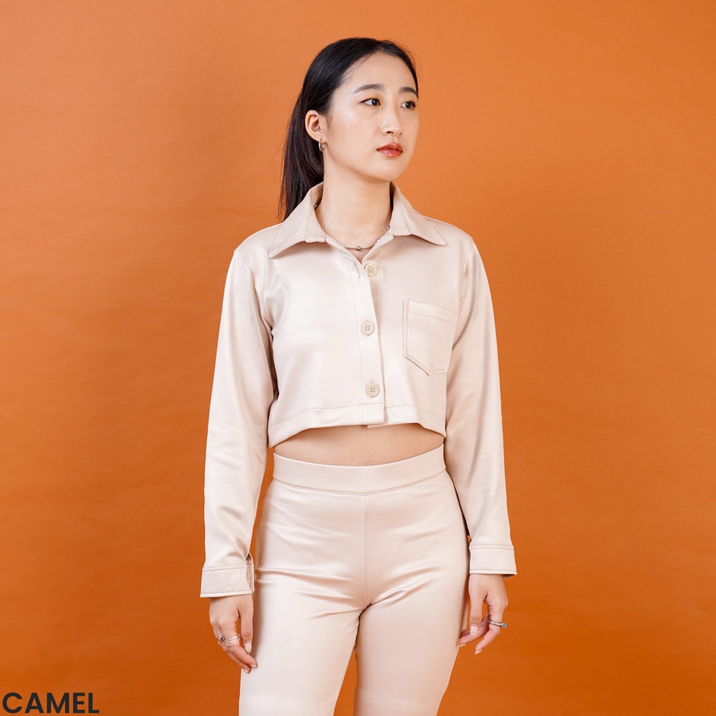 Kemeja Crop Kulit Atasan Wanita