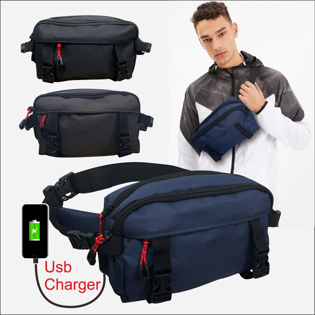 8809 - Tas Waistbag Slempang Ada Fitur USB Port Untuk Charger Hp