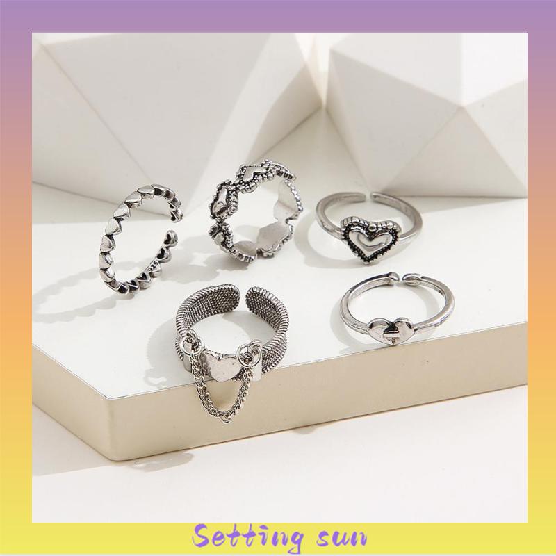 5pcs / Set Cincin Jari Telunjuk Model Terbuka Desain Hati Hollow Gaya Retro TN