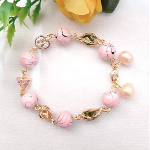 Gelang mutiara air tawar lombok asli dengan batu giok rangka rodhium lapis emas gratis bros cantik