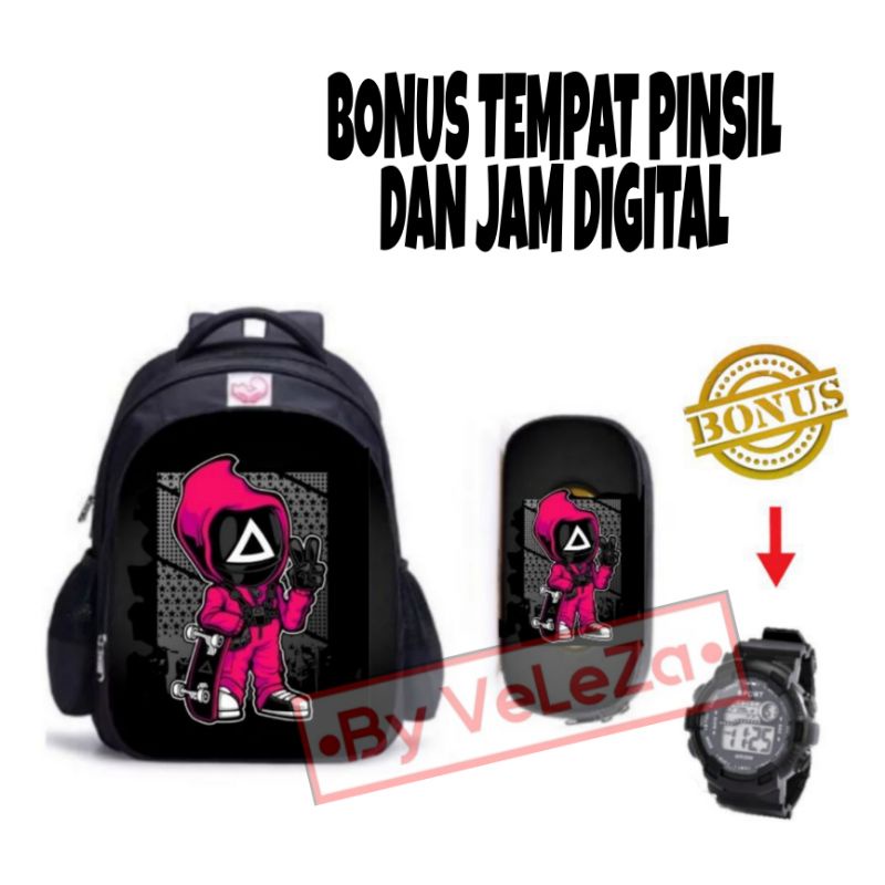 Tas ransel anak laki-laki karakter superhero gratis tempat pinsil jam tangan - tas anak