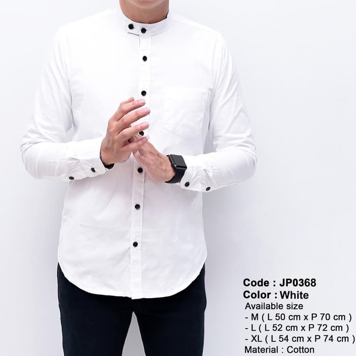 Kemeja Pria Polos Navy Kerah Shanghai Koko Slimfit / Baju Kanotr Kerja - Putih, M