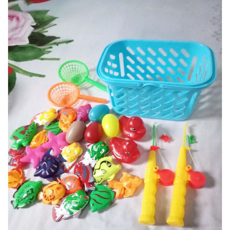 Paket Mainan Ikan Ikanan Pancingan Magnet Bahan Plastik Komplit Keranjang Pancing
