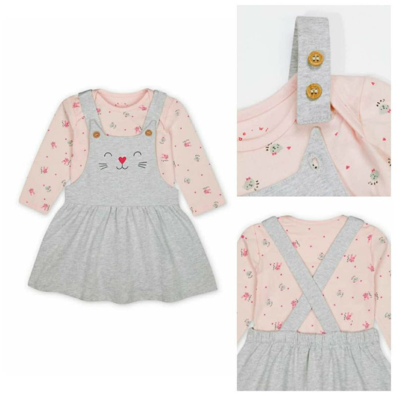MC SALE Mothercare Girls Set 2pcs Pinny Dress & Long Sleeve Bodysuit Pink Grey Cat Original