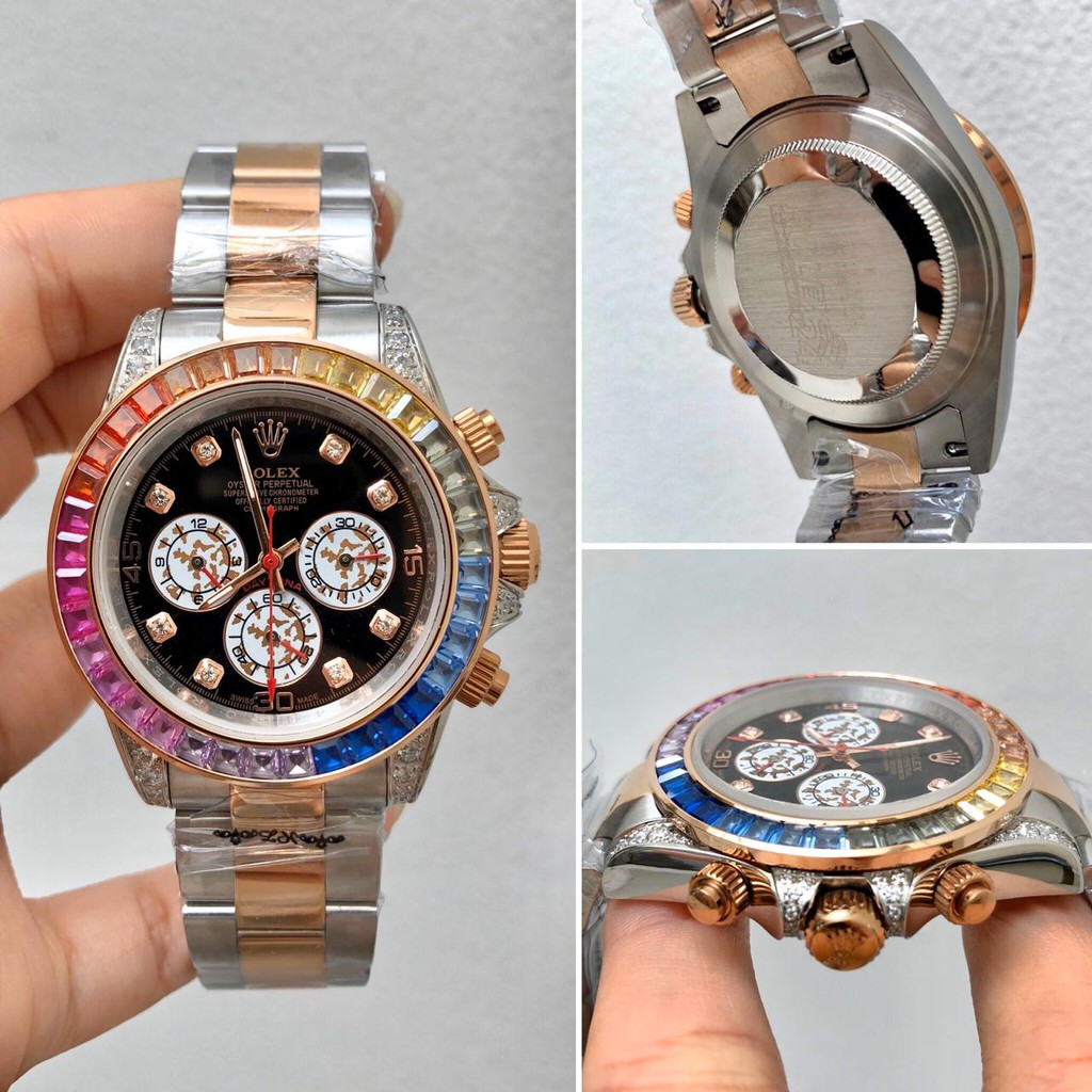 COD Sale Jam Rolex Special Daytona Rainbow Diamond Garansi 1th Kaca Anti Gores - Automatic - Jam Imp
