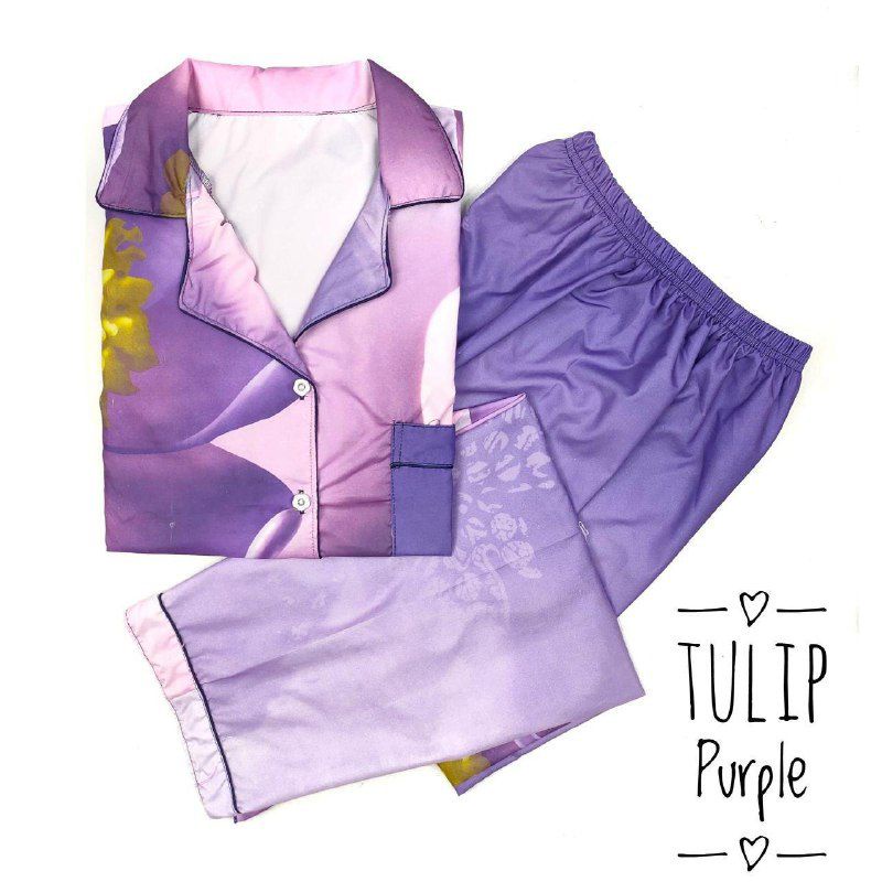 Piyama Wanita Baju Tidur Wanita Dewasa Baju Tidur Piyama Satin Apple-Tulip Purple