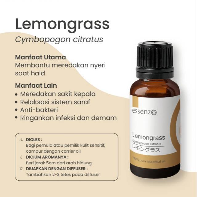 Download LEMONGRASS Essential Oil dari Essenzo 10ml/20ml untuk Pereda
Nyeri Haid