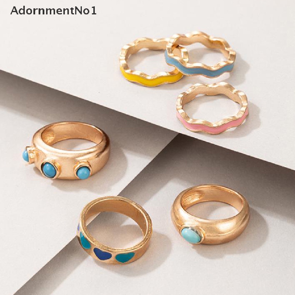 (AdornmentNo1) 6pcs / set Cincin Enamel Motif Bunga / Geometri / Geometri / Geometri / Geometri / Hollow Untuk Perhiasan Wanita / Hadiah