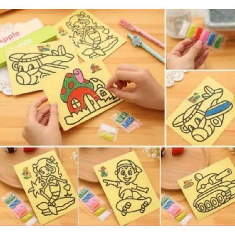 MAINAN ANAK MEWARNAI PASIR PASIRAN GAMBAR ATAU LUKISAN PASIR ISI 50 PCS ukrn 8x11-1