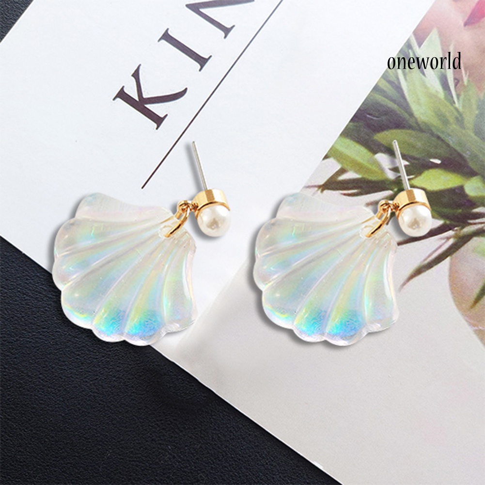 OW@ Colorful Resin Mermaid Rainbow Imitation Pearl Shell Women Stud Earrings Gift