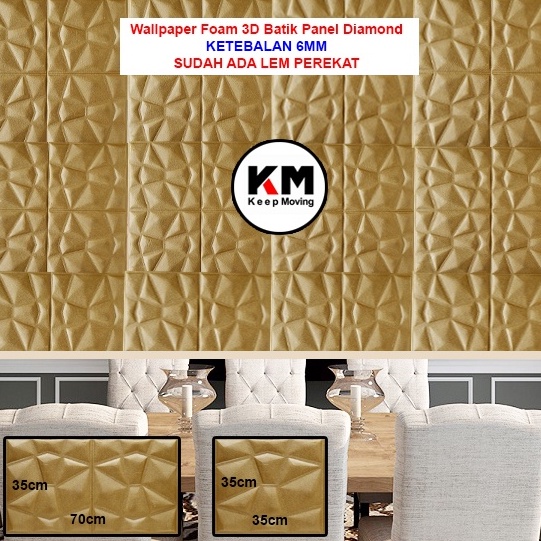 KM Wallpaper Foam 3D Batik Wall Panel Diamond Gold Triangle Stiker Dinding Sticker