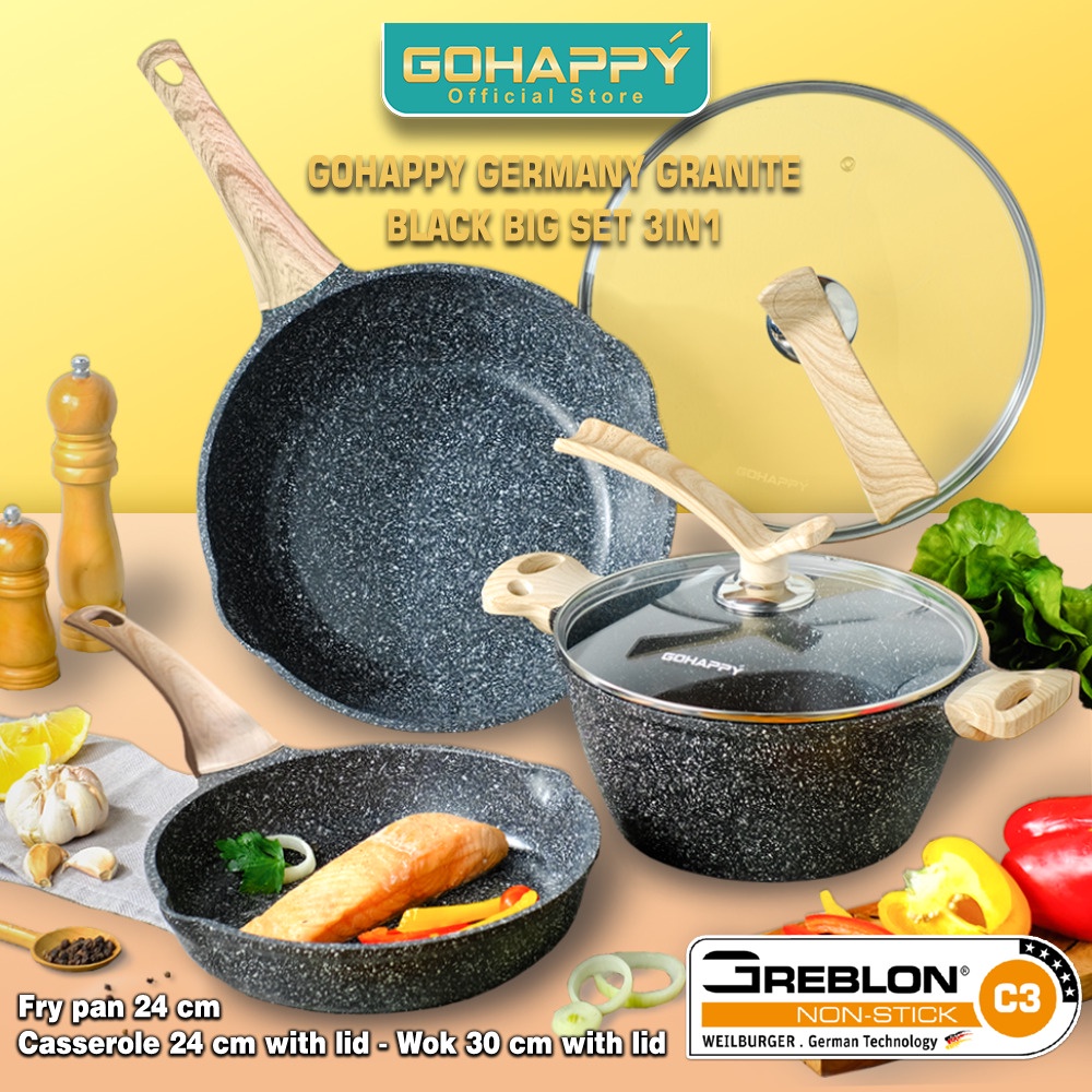 MIZUKI PANCI SET 3 HITAM BESAR Sauce Pan , fry pan &amp; Casserole Gohappy Germany Granite panci sehat asli greblon c3 jerman Anti Lengket