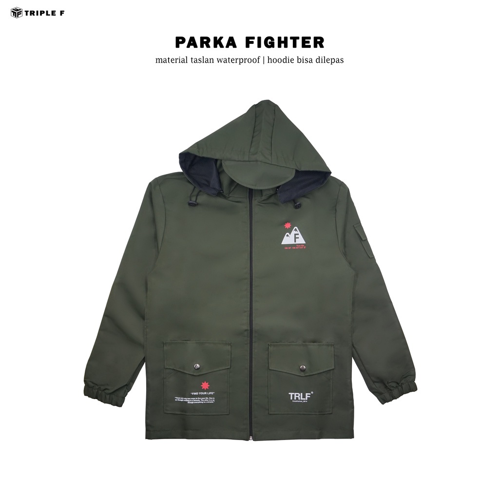 Jaket Parasut Parka Fighter Polos Pria Wanita Unisex Taslan Anti Air Angin Black Army Khaki Size L XL Original Triple F