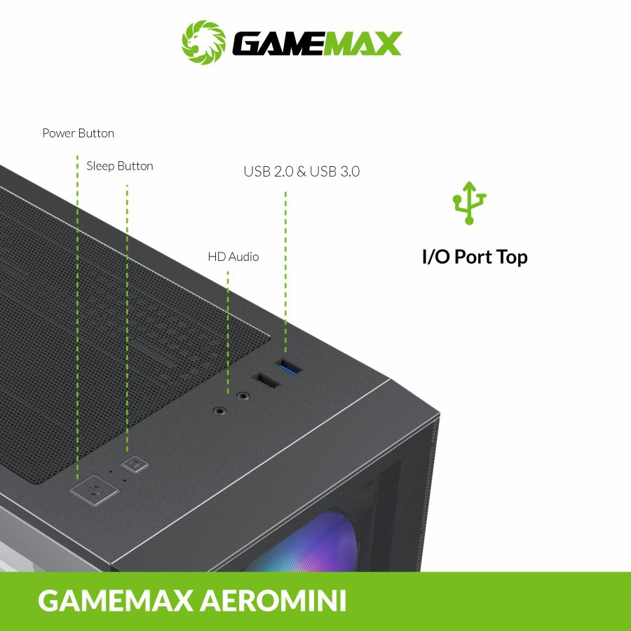 Gamemax Aero Mini PC Case Casing Komputer Gaming 3Fan RGB Tempered Glass Micro ATX