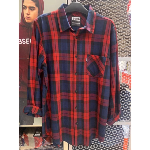 3Second Baju Kemeja Atasan Pria Dewasa Lengan Panjang Original Kotak Merah