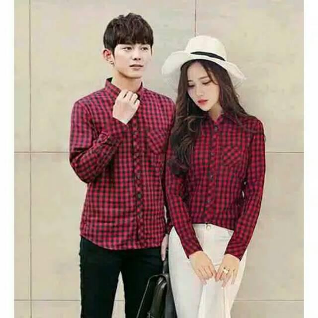 kemeja couple kotak hitam merah lengan panjang - baju pasangan