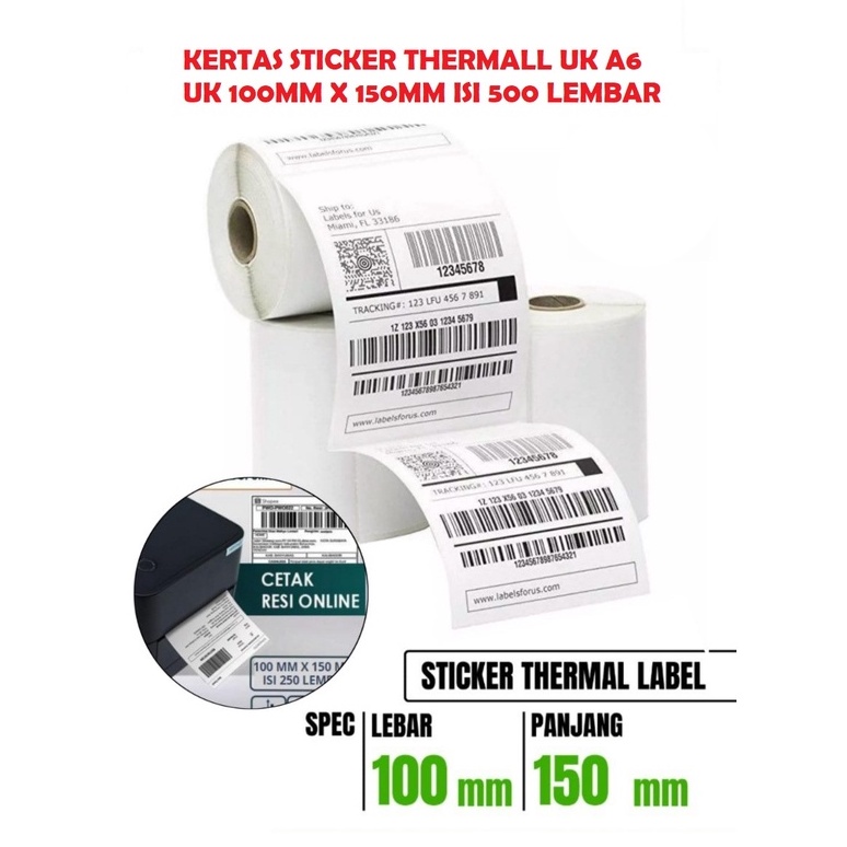 

Kertas Sticker Thermal 100mm x 150 mm Label Barcode Ukuran A6 Isi 500