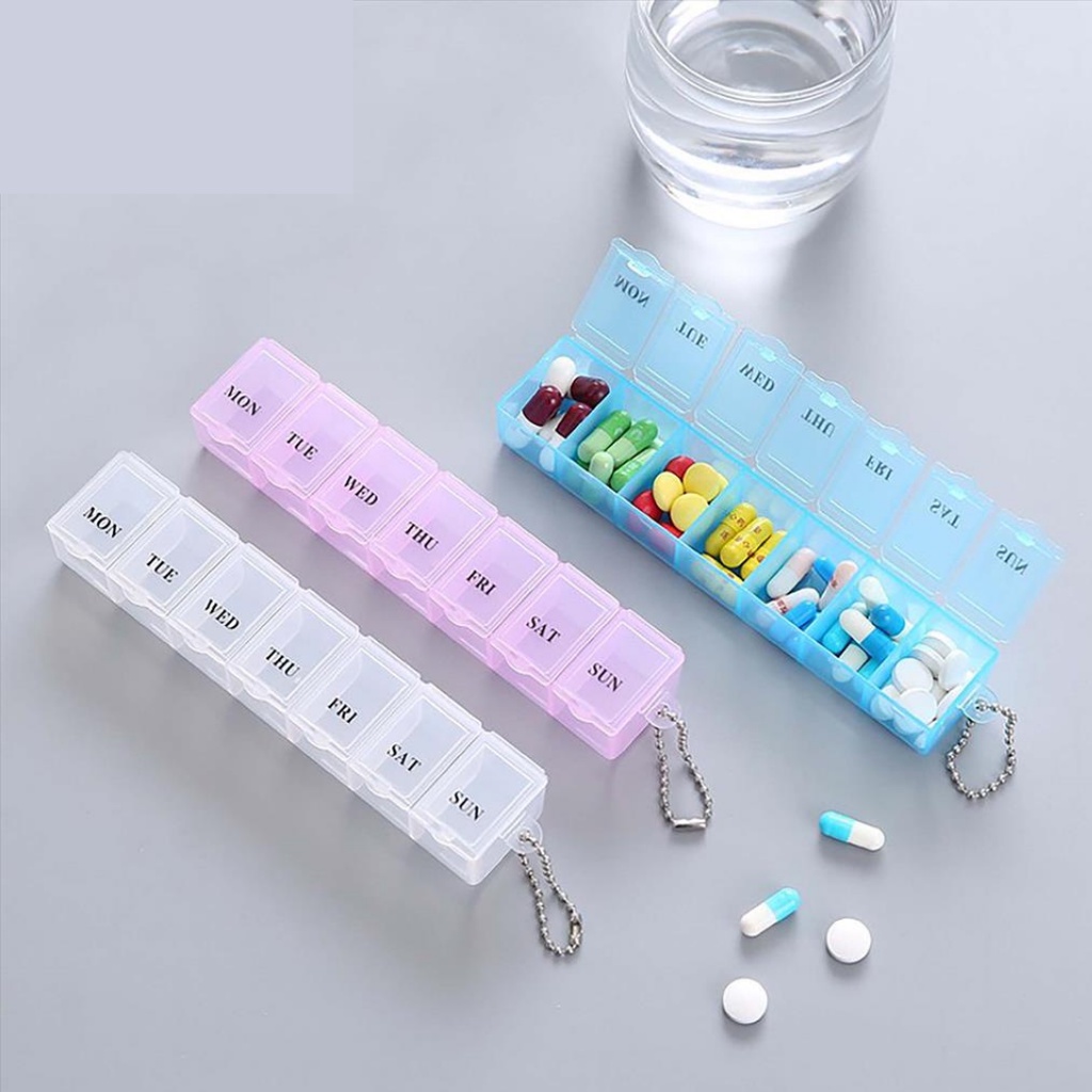 Pill Box 7/Kotak Obat Harian 7 hari Grid Tempat Obat 1 Minggu Kotak Obat Huruf Braille Mini Medicine Box (dapat RANTAI GANTUNGAN)