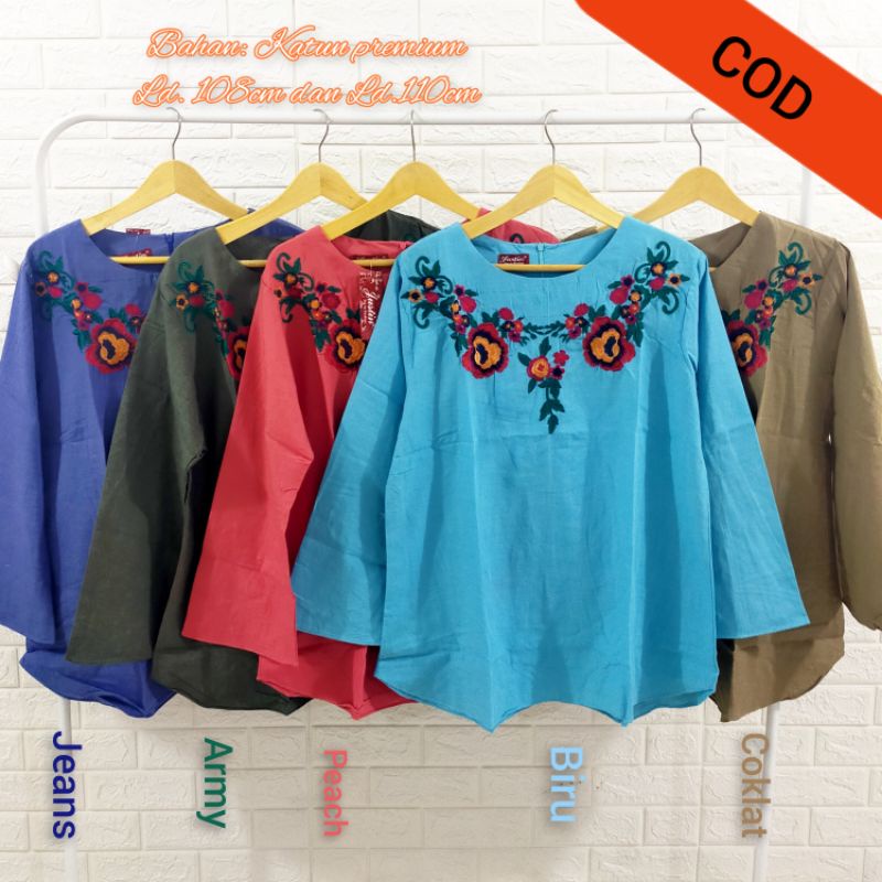 BLOUSE / JUMBO ATASAN / PAKAIAN / WANITA / FASHION / WANITA / IMPORT / KATUN BORDIR BUNGA / TRENDY