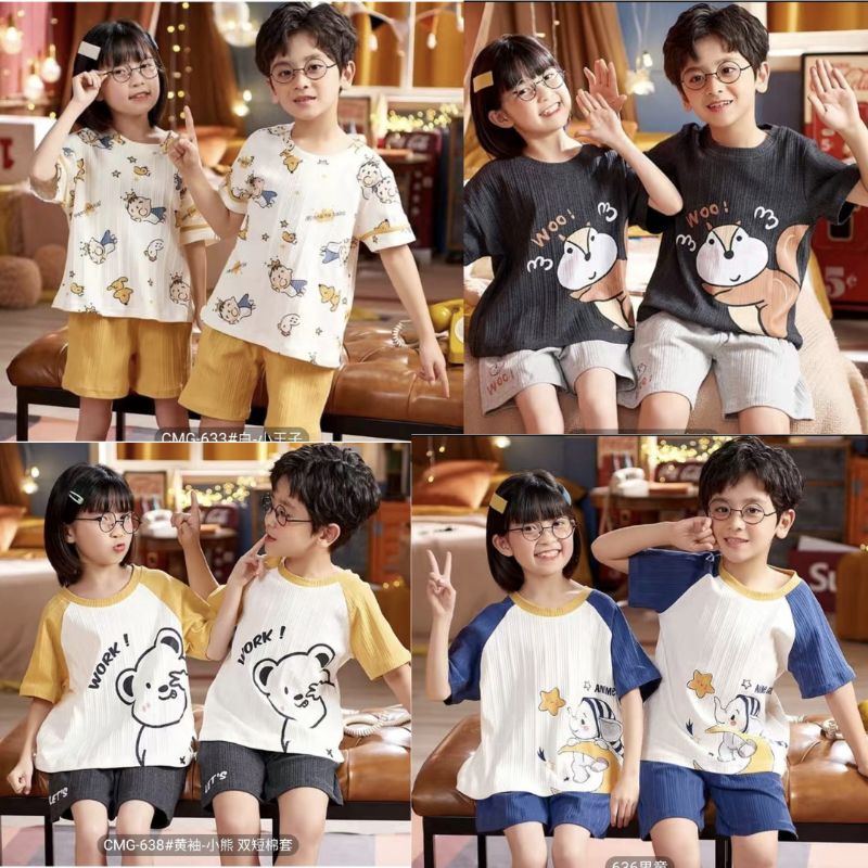 SETCEL ONE SET PIYAMA BAJU TIDUR HOTPANTS ANAK COUPLE CEWEK COWOK PENDEK KOREA KATUN IMPORT MOTIF KA