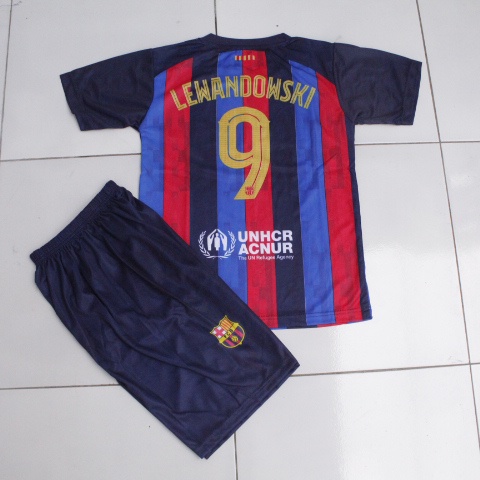 jersey setelan baju bola anak barcelona/baju bola barcelona printing usia 5-12thn