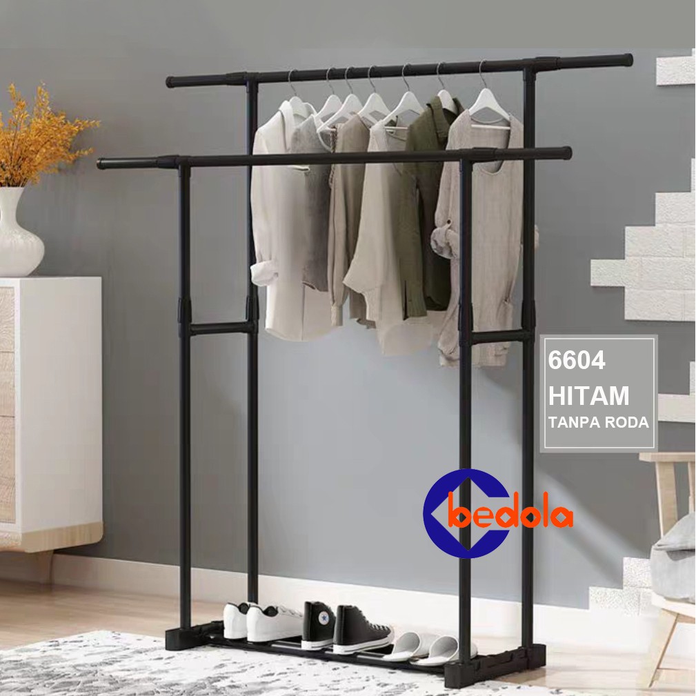 Bedola Stand hanger double rak serbaguna dengan 4 roda 2 sisi