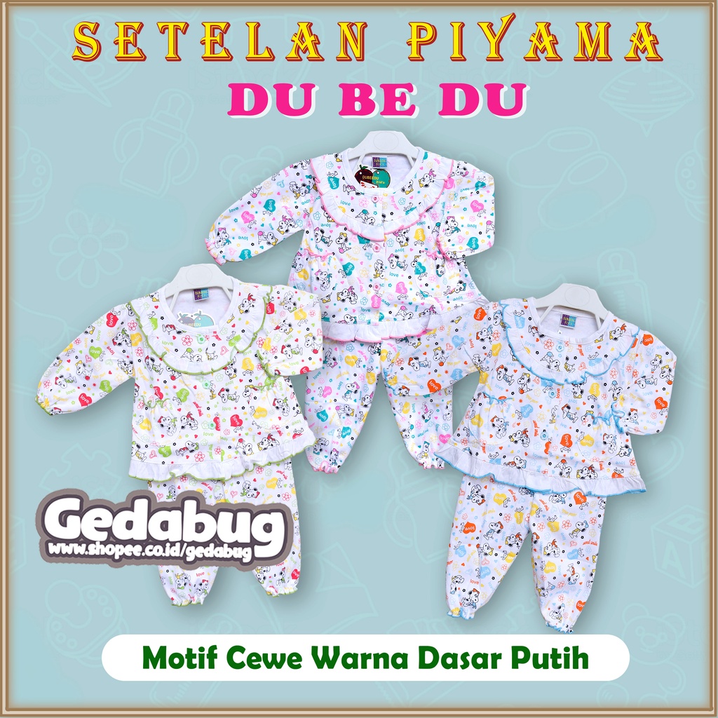 Setelan Piyama Du Be Du | Piyama lengan Panjang Motif Cewe Warna Dasar Putih