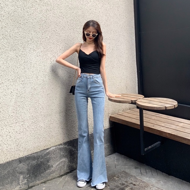 high-waist hamparan luas leg denim kasual berkobar celana wanita Korea