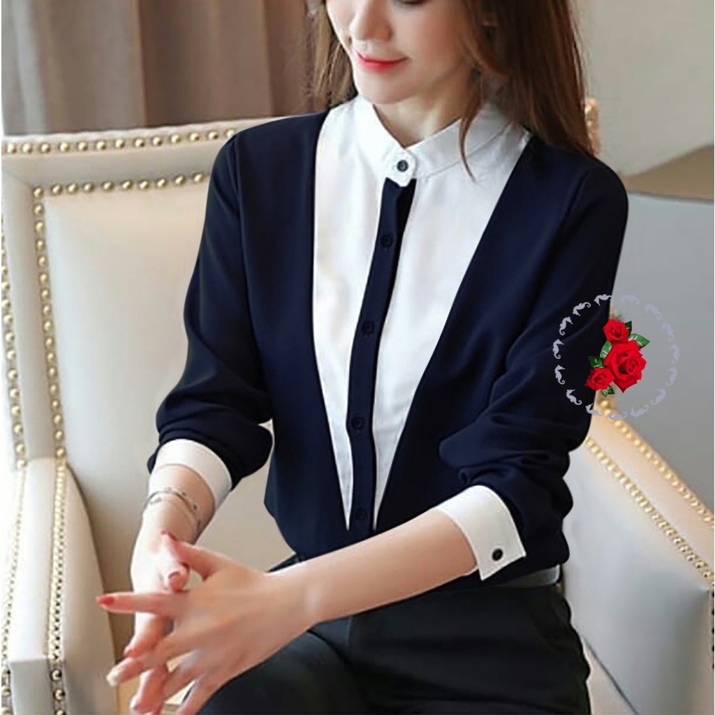 *[IJFK] Blouse Korea Kombinasi V Panjang Wanita / Blouse Wanita / Atasan Kemeja Wanita