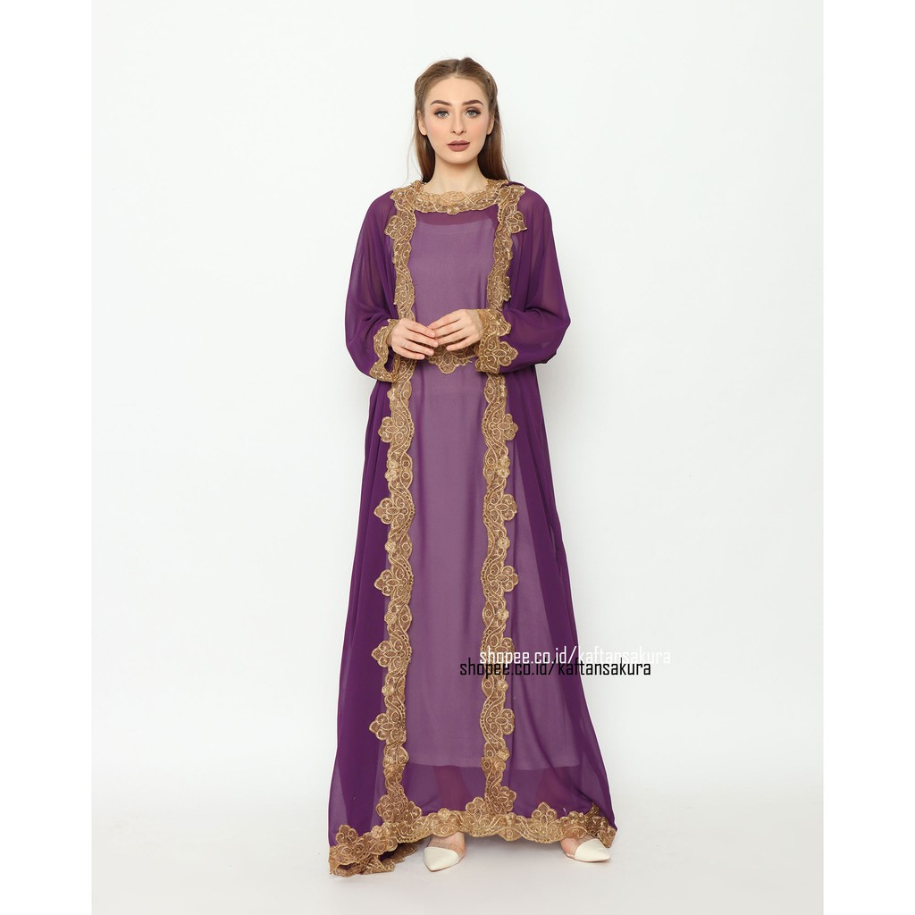 kaftan kapucong warna ungu bordir mewah ada hoodie bahan siffon jumbo lebaran 2021
