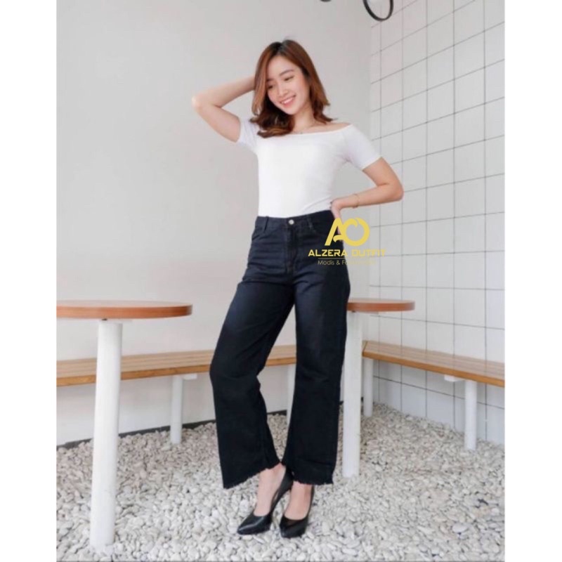 Highwaist Jeans Kulot Rawis Hitam Premium Luxury Size 27-30