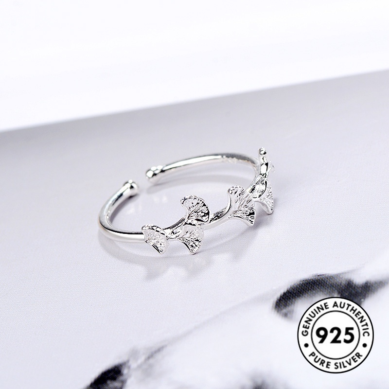 Cincin Model Terbuka Bentuk Daun Ginkgo Bahan S925 Silver Gaya Thailand