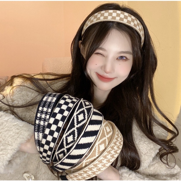 Bando Bandana Korea Wanita / Bando Polos Rajut Motif Kotak Maina