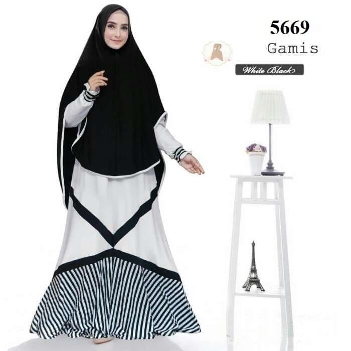 NAIRA set gamis syari baju gamis muslimah cewek wanita syari white black stripe salur busui bergo mu
